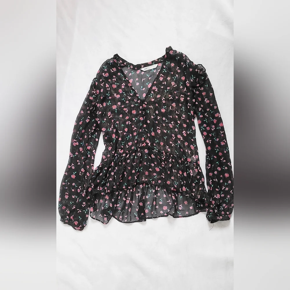 NWOT! Sheer Metallic Women's Zara Spring Peplum Floral Boho Blouse Medium - Picture 6 of 15